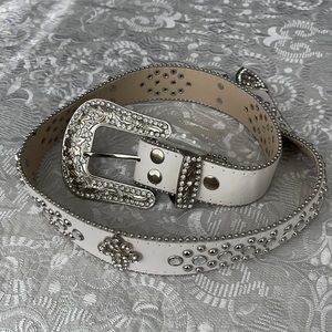 White with silver studs and rhinestones Fleur de lis design belt